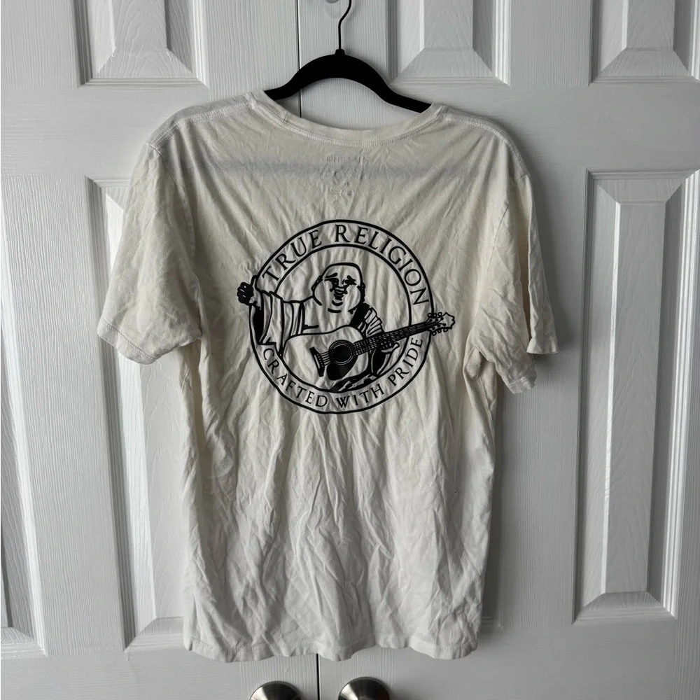 True Religion Off White Cream Cotton Graphic Tee Black Horseshoe & Buddha Print